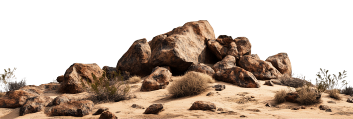 Majestic Desert Rock Formation: A Panoramic View of  Brown Rocks and Sandy Landscape under Bright Sunlight