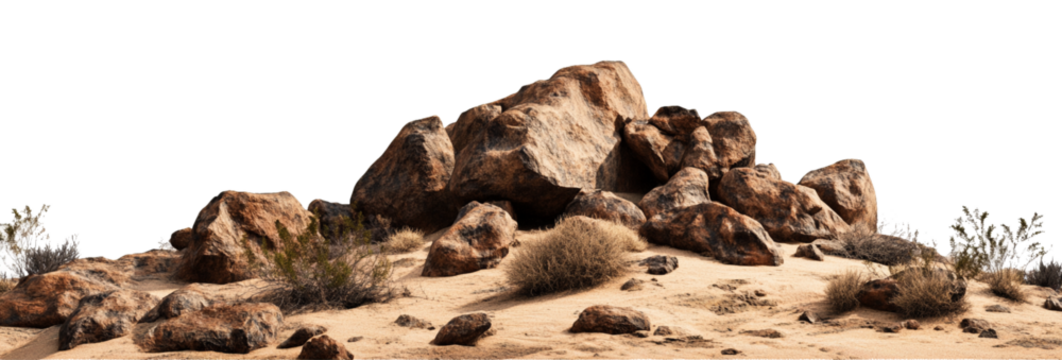 Majestic Desert Rock Formation: A Panoramic View of  Brown Rocks and Sandy Landscape under Bright Sunlight