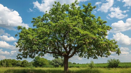 Fototapeta premium Tree in a garden with clusters of peanuts, clear sky overhead