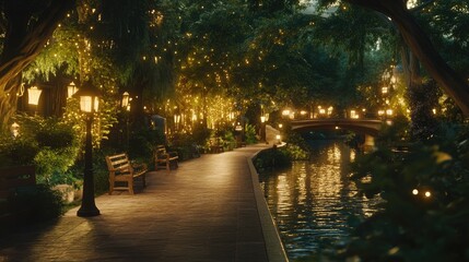 A jogging path alongside a peaceful river with benches and lanterns.