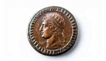 Close-up of an ancient bronze coin, depicting a male head in profile.