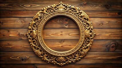 Vintage gold round circle frame with ornate details and intricate patterns on a wooden background , classic, elegant ,  classic