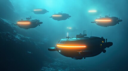 Fototapeta premium A fleet of autonomous underwater drones mapping the oceans depths, with bioluminescent creatures in the background
