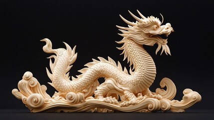 Fototapeta premium Intricate beige dragon carving on waves, dark background.