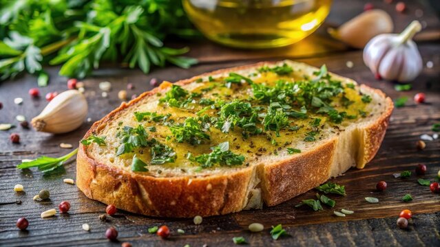 A slice of bread dipped in olive oil with chopped fresh herbs like parsley or rosemary and a sprinkle of ground spices such as cumin or paprika, Mediterranean cuisine, bread