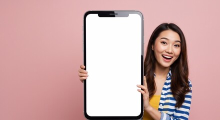Advertising Concept. Portrait of excited asian lady peeking out big giant vertical smartphone with white blank screen presenting device display. Gadget with empty free space for mock up, pink wall
