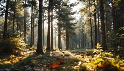 Obraz premium Sunlit Forest Path: A Serene Morning in the Woods