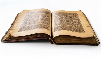 Antique book open, displaying intricate details. Aged pages and leather binding.