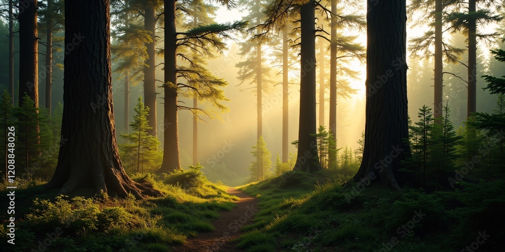 Poster sunlit path winds through a mystical forest, golden rays illuminating towering trees, creating an et