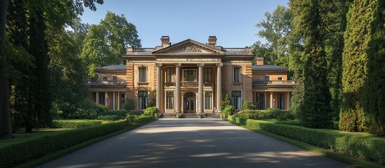Obraz premium Grand Mansion in Lush Gardens: Architectural Majesty
