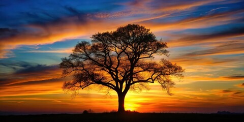 Fototapeta premium Dark forest tree silhouette against sunset background, branches, outdoors, branches, outdoors, bark, landscape