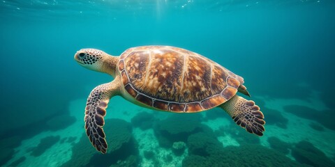 Majestic sea turtle gracefully glides through vibrant coral reef, sunlight filtering through the turquoise water. A serene underwater spectacle.