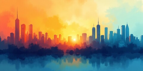 Fototapeta premium Golden Hour Cityscape: Skyscrapers reflecting in tranquil waters at sunrise. A vibrant urban dawn.