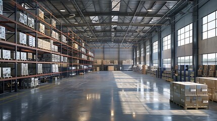 Fototapeta premium A large warehouse with rows of shelves and racks
