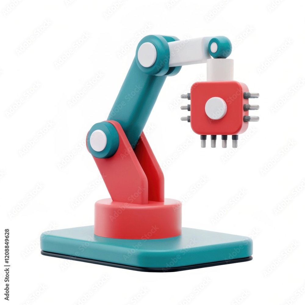 Poster a colorful robotic arm with a gripping mechanism, designed for assembly line tasks or educational pu