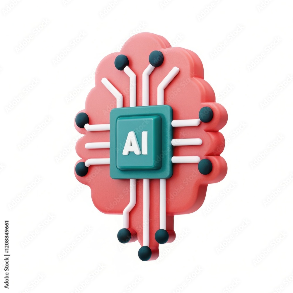 Poster a colorful ai chip illustration with a brain-like shape, featuring electronic circuits and the lette