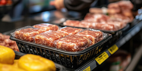 Plastic wrapped meat packs displayed on supermarket shelf