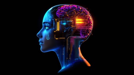 Side view of a humanoid head with blue and yellow eyes and vibrant neon neural network, representing futuristic technology and artificial intelligence. Generative AI