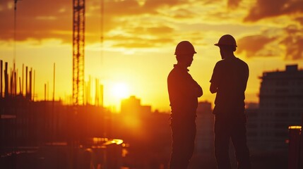 Fototapeta premium Engineer and construction team at work, silhouetted against a warm sunset, embodying teamwork and progress in industrial settings.