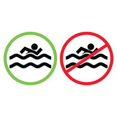 Swimming area and no swimming signs in red and green colors . Swim zone icon and swimming not allowed icon Vector template illustration.eps