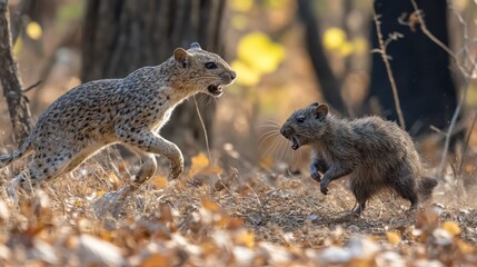 Obraz premium Two rodents facing off, autumn leaves.