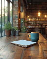 Coffee, notebook, and plants on rustic wooden table in cafe.