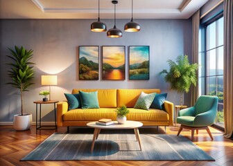 Modern living room: cozy atmosphere defined by stylish sofa, minimalist accents, and striking artwork.