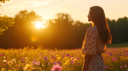 A woman gazes at the sunset in a vibrant flower field, embodying tranquility and reflection.