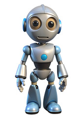 Fototapeta premium Friendly Robot: A friendly and approachable robot with large eyes, a charmingly innocent expression, and a sleek, silver design. This adorable robot is ready to inspire curiosity and imagination. 