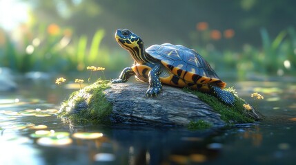 Turtle basking sunlit pond rock nature serene