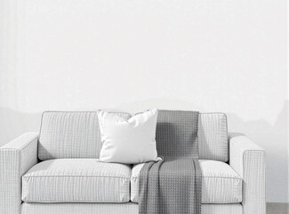 A neutral blank pillow set against a soft contemporary sofa in a minimalist living room, perfect for showcasing patterns.