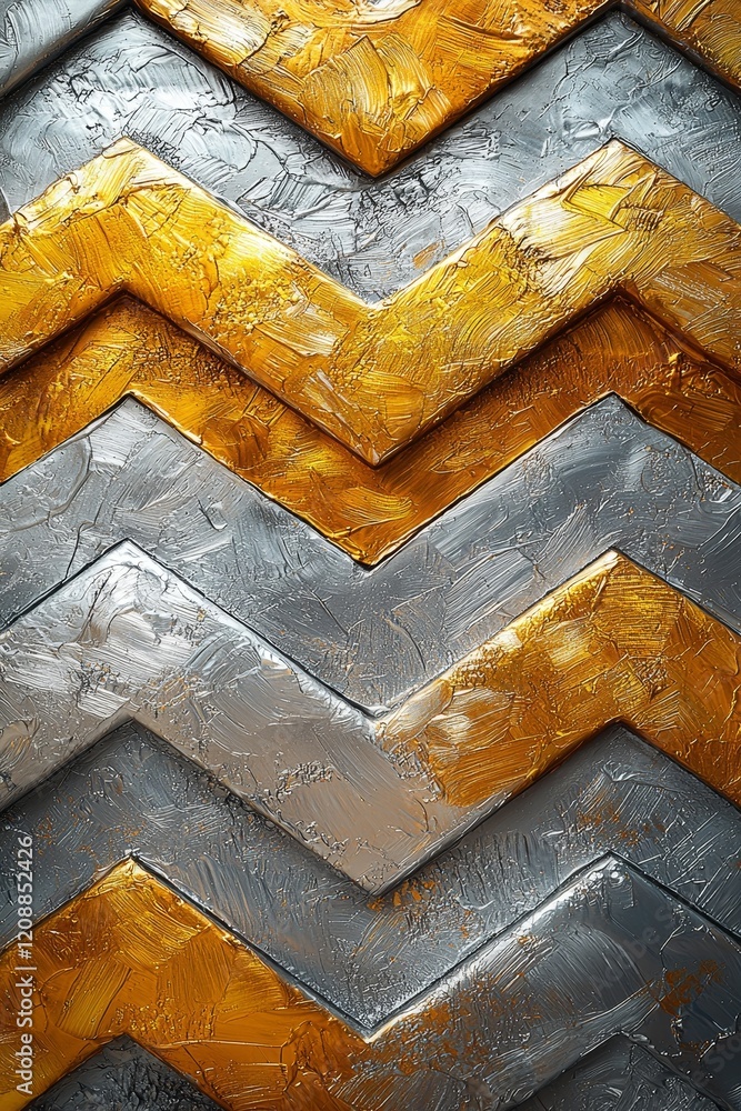 Aufkleber dynamic textured chevron patterns in gold and silver abstract art modern interior close-up view arti