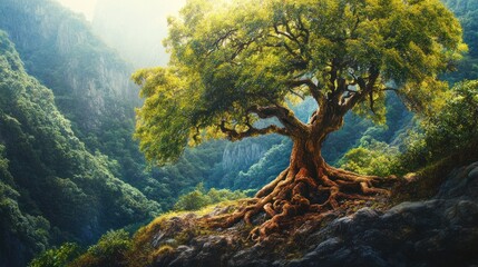 Obraz premium Majestic Ancient Tree on Mountaintop: A Serene Landscape