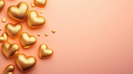 Golden hearts scattered on soft pastel background create romantic vibe