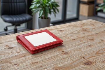 A red wallet on a wooden table with a blank surface for logo or graphic design customization.