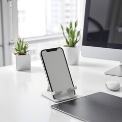 A sleek phone stand positioned on a clean, organized office desk. The phone holder is ideal for tech branding or mobile accessory companies looking for a minimalist promotional item.