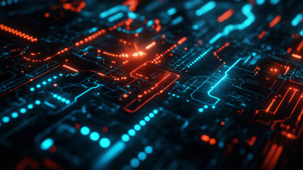 Obraz premium Abstract futuristic digital background with a circuit board and glowing elements. Glowing lines representing data flow on the screen.