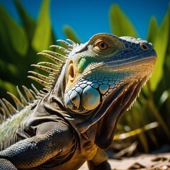 Naklejka premium A green iguana on a beach