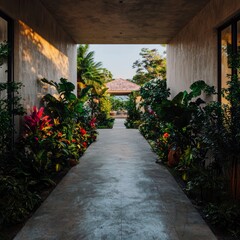 Fototapeta premium Tranquil Villa Path Lush Tropical Plants Concrete Walkway Garden Oasis