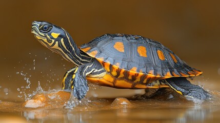 Obraz premium Turtle running shallow water, splashing, nature, wildlife, poster