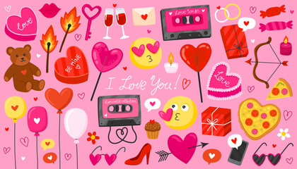 Collection of colorful doodle icons on the theme of love and romance. Valentine's day illustration on pink background. Heart, music cassette, teddy bear, lollipop, balloons, pizza, gift box.