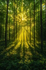 Obraz premium Sunlight streaming through trees in enchanted forest nature photography vibrant green environment serene view