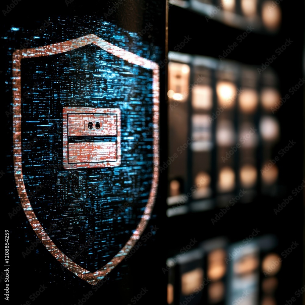 Poster data security shield icon on server rack cybersecurity concept