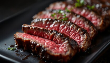 Close-up of Sizzling, Perfectly Cooked Steak Slices