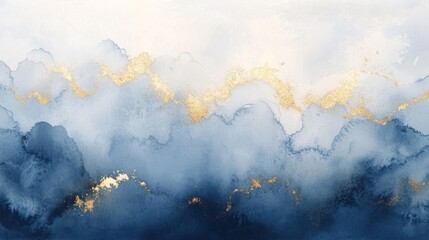 Abstract Blue Watercolor Landscape With Gold Accents