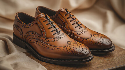 Naklejka premium Polished brown leather brogue oxford shoes on wooden surface.