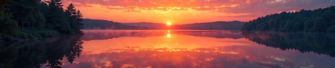 Obraz premium Mirrored lake reflection of sunset with forest in the distance, sunset, horizon, trees