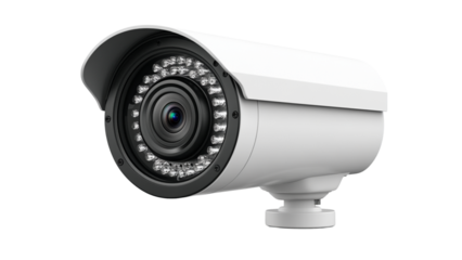 A camera with a black and white lens and a white body. The camera is lit up with a bright light