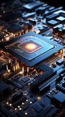 Fototapeta premium Digital technology blue and black 3d processor poster background