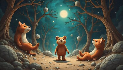Cute Bear and Hamsters Night Scene Fantasy Art Print